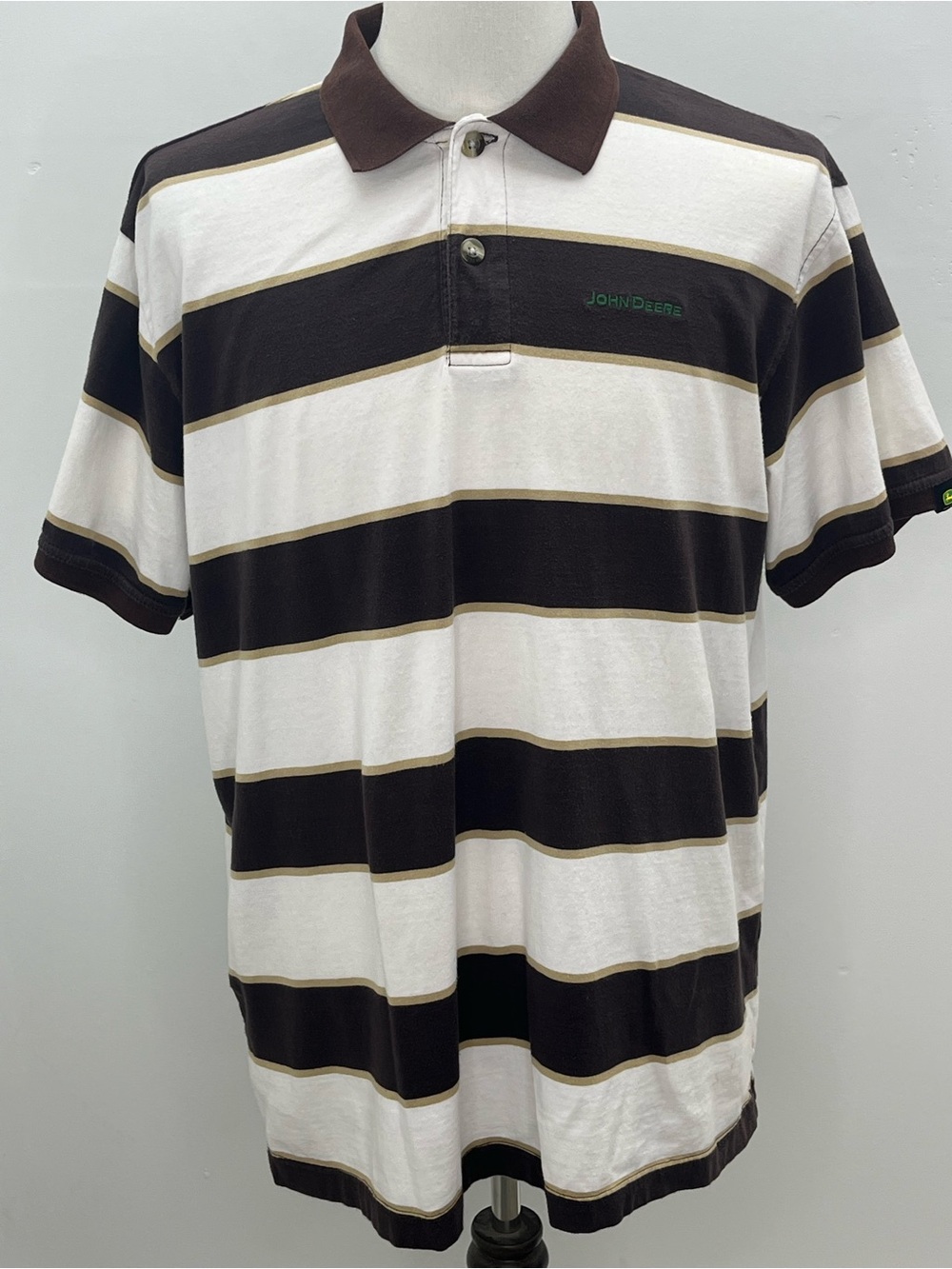 John Deere Mens Vintage Brown White Corton Striped Short Sleeve Polo Shirt XL